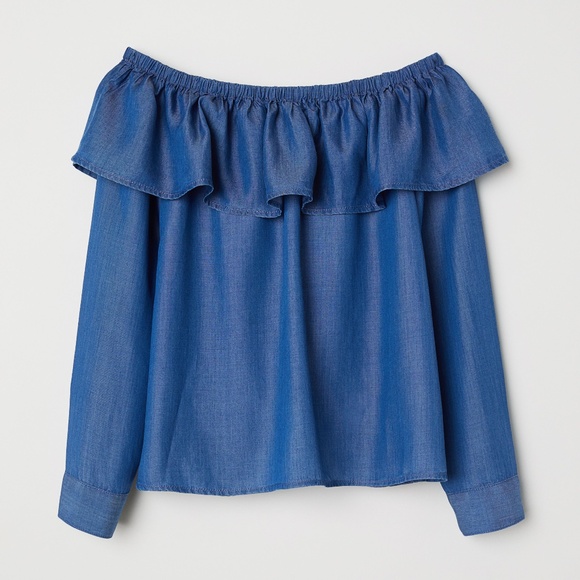 H&M Conscious Blue Ruffle Off-the-Shoulder Blouse Top 2 - Picture 2 of 3